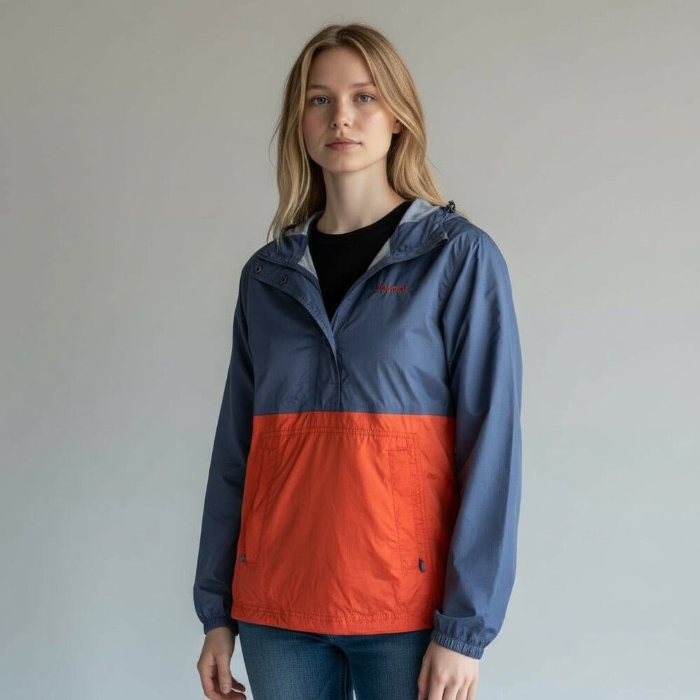 Marmot Womens PreCip Eco Anorak Pullover Hooded Jacket Orange Blue Size Small